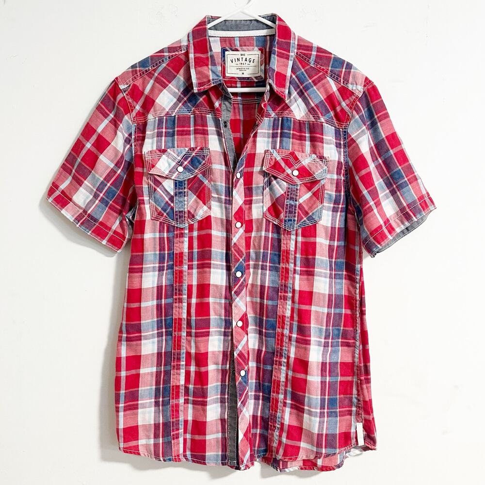 BKE Vintage Pearl Snap Plaid Shirt Medium Athletic Fit Red Blue Western